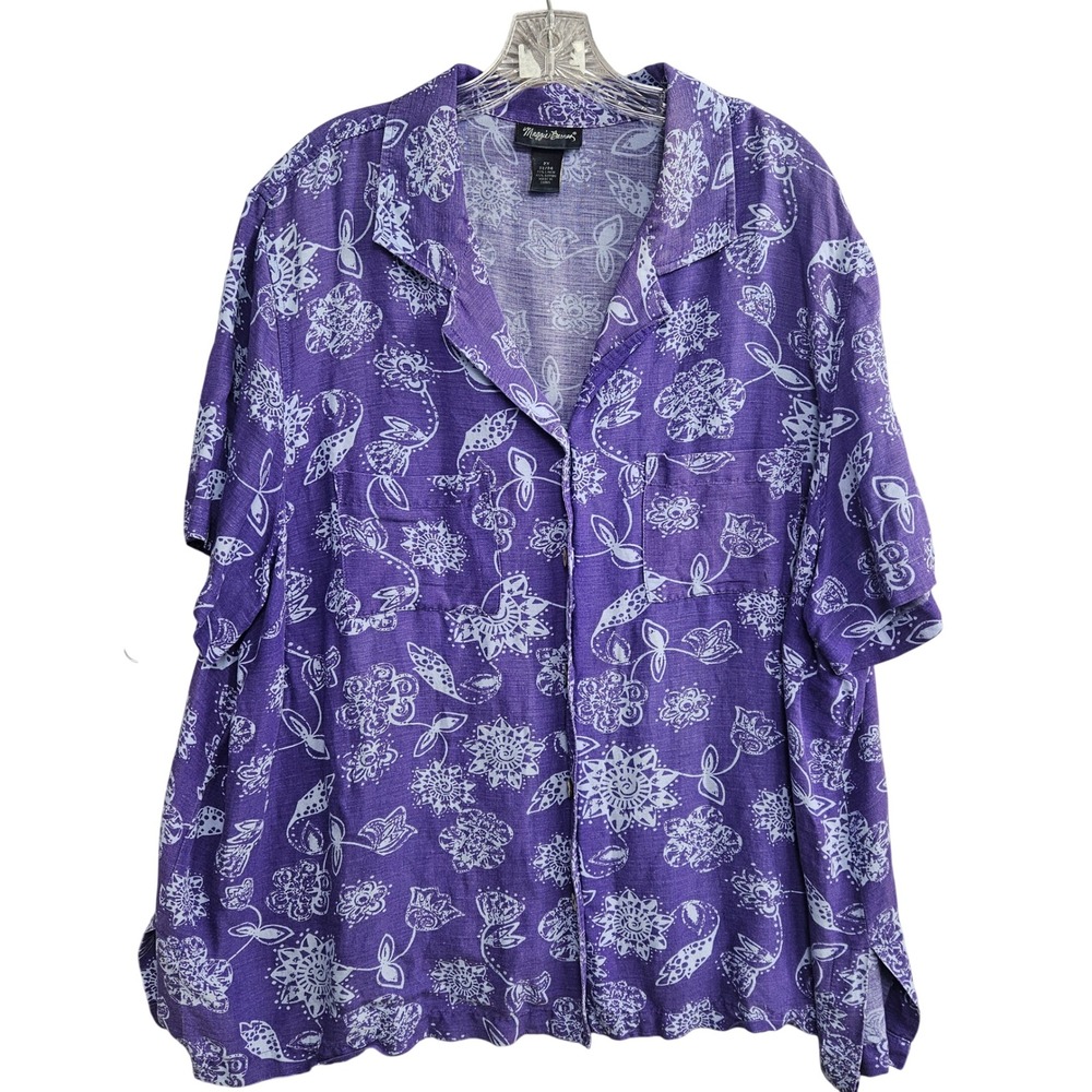 Maggie Barnes Womens 2X Purple Linen Blend Floral Paisley Button Up Shirt Top